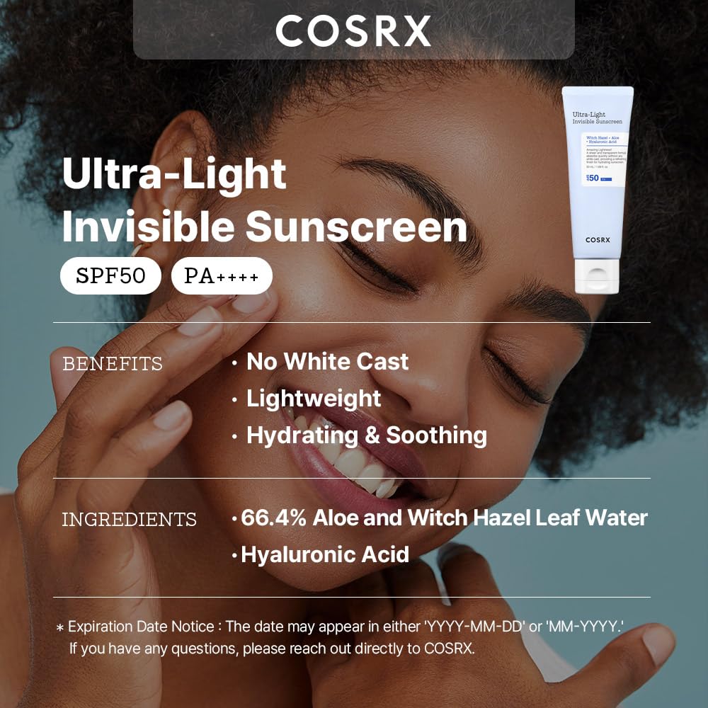 COSRX Ultraleichter unsichtbarer Sonnenschutz | LSF 50 PA++++, kein Weißstich-Sonnenschutzmittel, leicht und schnell einziehend, UV-Schutz, Feuchtigkeitsschub für trockene, sonnengeschädigte Haut.