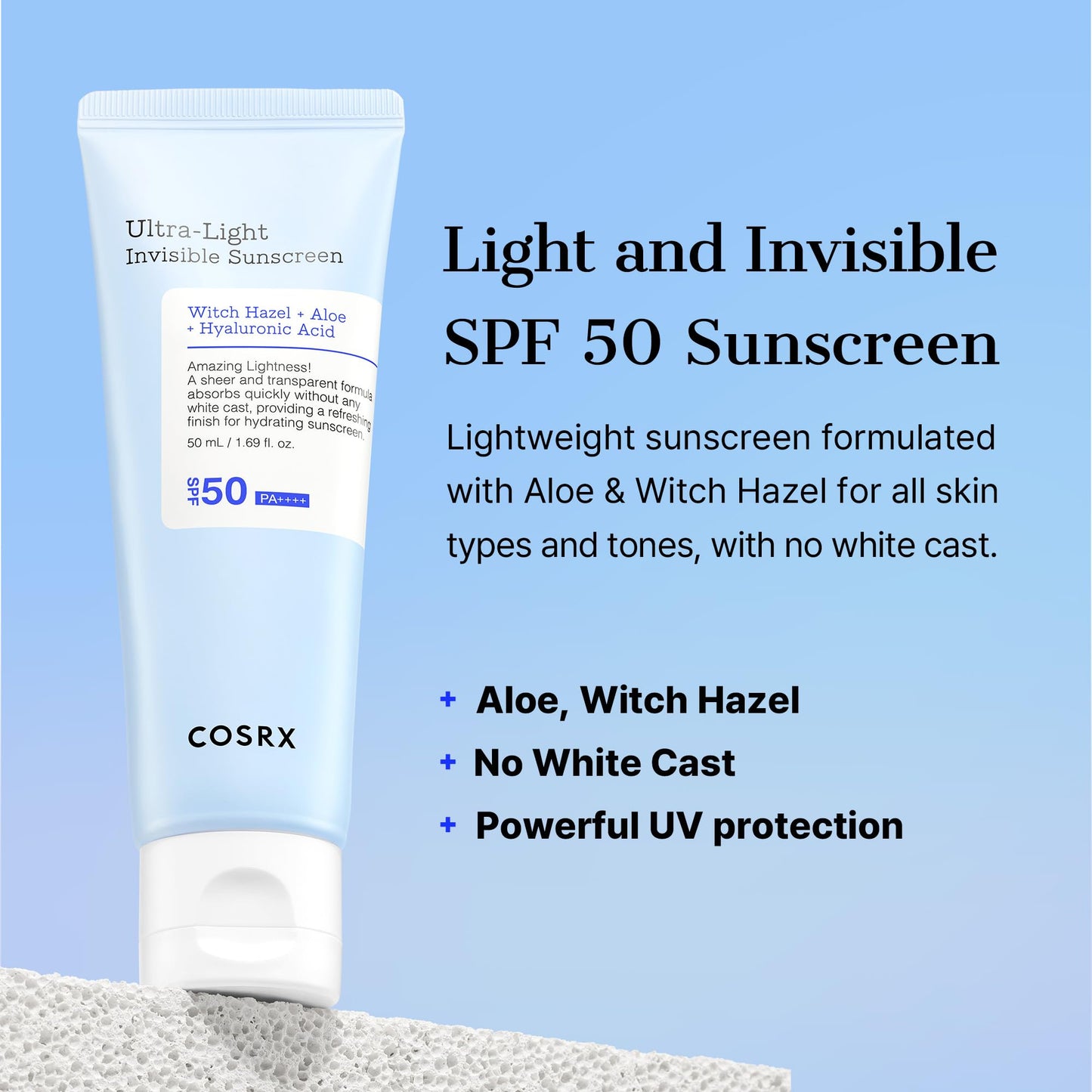 COSRX Ultraleichter unsichtbarer Sonnenschutz | LSF 50 PA++++, kein Weißstich-Sonnenschutzmittel, leicht und schnell einziehend, UV-Schutz, Feuchtigkeitsschub für trockene, sonnengeschädigte Haut.
