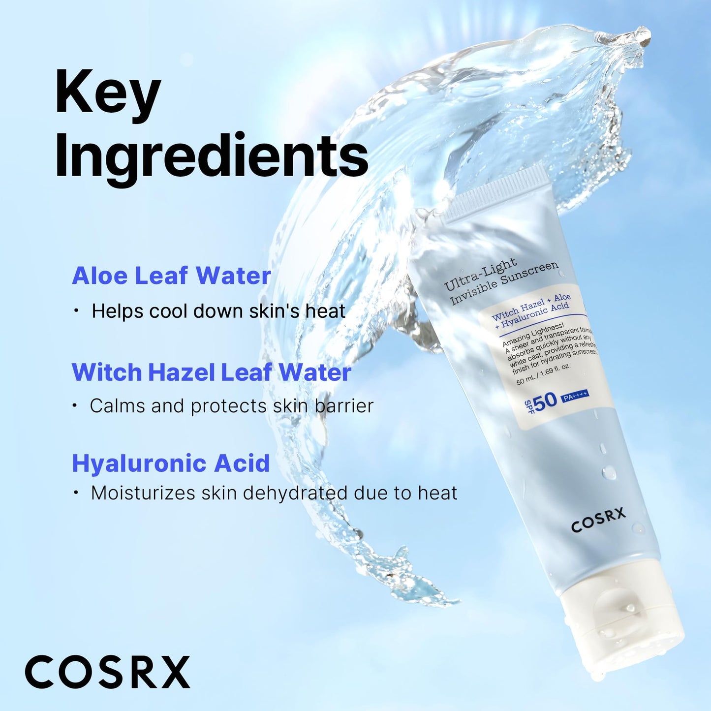 COSRX Ultraleichter unsichtbarer Sonnenschutz | LSF 50 PA++++, kein Weißstich-Sonnenschutzmittel, leicht und schnell einziehend, UV-Schutz, Feuchtigkeitsschub für trockene, sonnengeschädigte Haut.