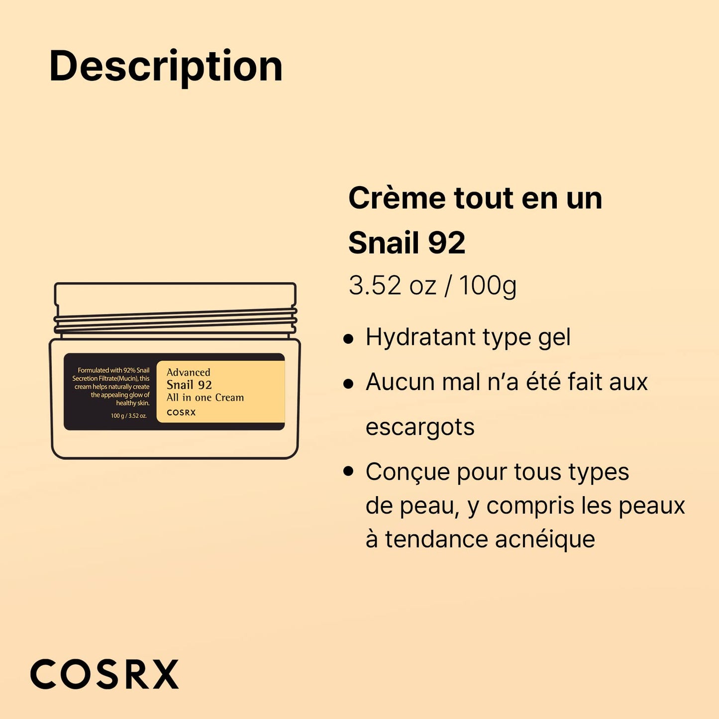 COSRX Advanced Snail 92 Crème tout-en-un, 3,53 oz/100 g | Sécrétion hydratante de mucine d'escargot filtrée à 92% | Crème hydratante pour le visage, hydratation longue durée, 100 g